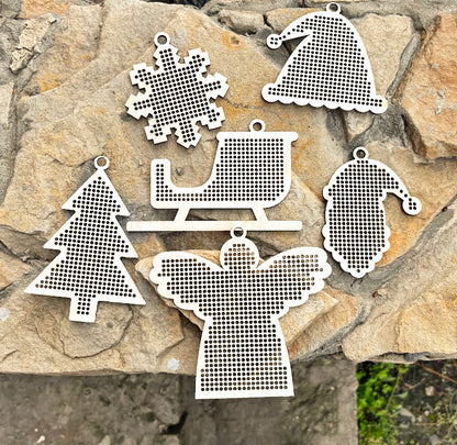 Large wooden Christmas cross stitch blanks set – laser cut birch plywood ornaments with big holes (2.25 mm) – embroidery decor