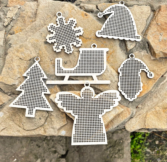 Large wooden Christmas cross stitch blanks set – laser cut birch plywood ornaments with big holes (2.25 mm) – embroidery decor