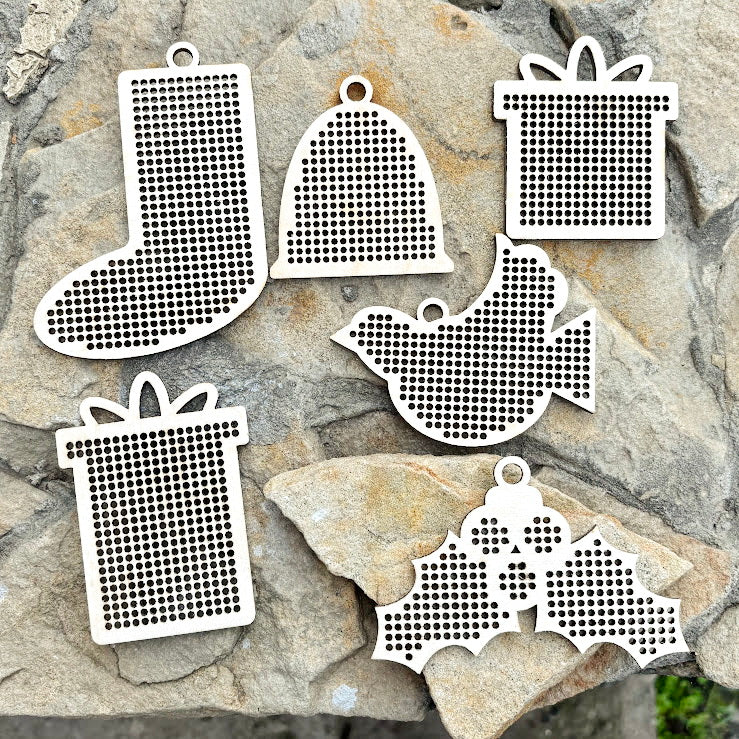 Large wooden Christmas cross stitch blanks set – laser cut birch plywood ornaments with big holes (2.25 mm) – embroidery decor - set 2