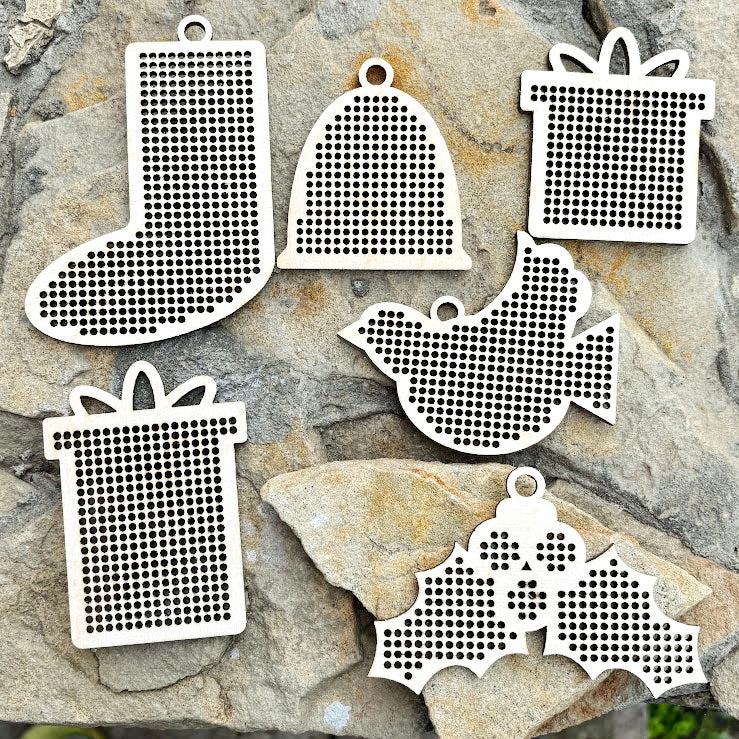 Large wooden Christmas cross stitch blanks set – laser cut birch plywood ornaments with big holes (2.25 mm) – embroidery decor - set 2