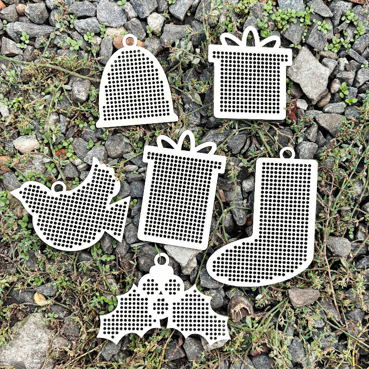 Large wooden Christmas cross stitch blanks set – laser cut birch plywood ornaments with big holes (2.25 mm) – embroidery decor - set 2
