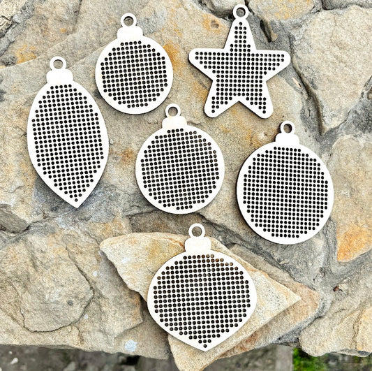 Set of 6 Large Wooden Cross Stitch Christmas Ornaments – Laser Cut Birch Plywood Blanks with Large 2.25mm Holes – DIY Embroidery Ornaments