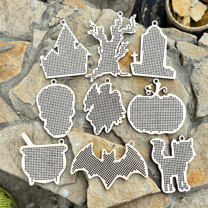 Large wooden Halloween cross stitch blanks set – laser cut birch plywood shapes – spooky embroidery ornaments – DIY Halloween decor