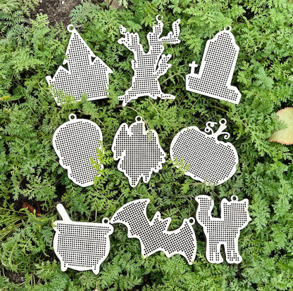 Large wooden Halloween cross stitch blanks set – laser cut birch plywood shapes – spooky embroidery ornaments – DIY Halloween decor