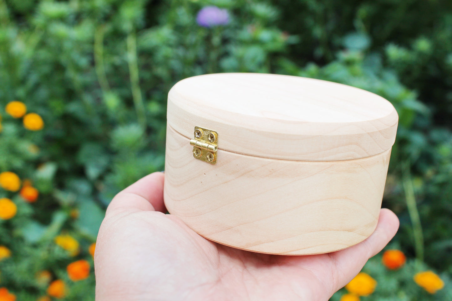 100 mm round unfinished wooden box on hinge - natural, eco friendly - 100 mm diameter