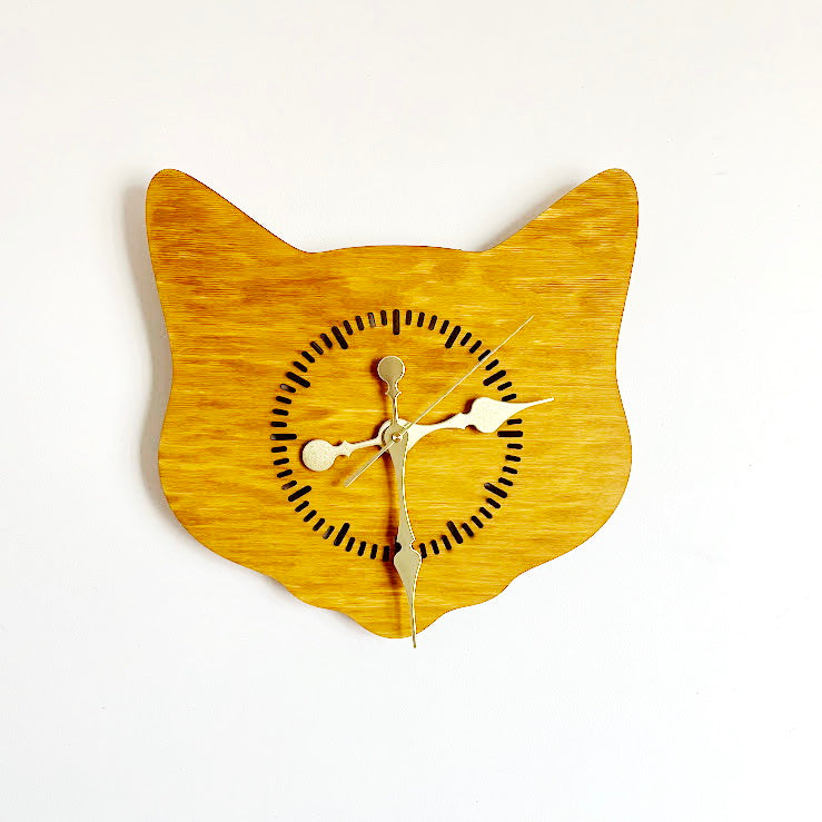 Cat Head Wooden Wall Clock – Minimalist Birch Plywood Clock, Oak-Stained Cat Shape Wall Decor, Cute Cat Wall Clock for Living Room, Bedroom or Office, Handmade Gift for Cat Lovers (14.5x13.4 in)