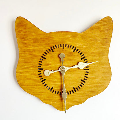 Cat Head Wooden Wall Clock – Minimalist Birch Plywood Clock, Oak-Stained Cat Shape Wall Decor, Cute Cat Wall Clock for Living Room, Bedroom or Office, Handmade Gift for Cat Lovers (14.5x13.4 in)