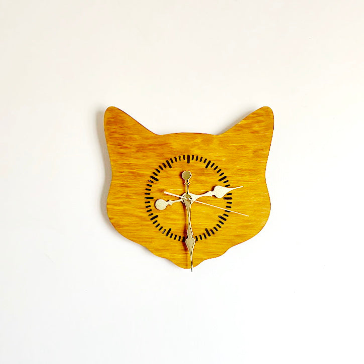 Cat Head Wooden Wall Clock – Minimalist Birch Plywood Clock, Oak-Stained Cat Shape Wall Decor, Cute Cat Wall Clock for Living Room, Bedroom or Office, Handmade Gift for Cat Lovers (14.5x13.4 in)