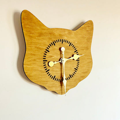 Cat Head Wooden Wall Clock – Minimalist Birch Plywood Clock, Oak-Stained Cat Shape Wall Decor, Cute Cat Wall Clock for Living Room, Bedroom or Office, Handmade Gift for Cat Lovers (14.5x13.4 in)