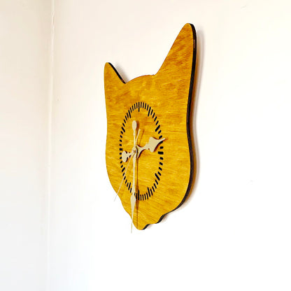Cat Head Wooden Wall Clock – Minimalist Birch Plywood Clock, Oak-Stained Cat Shape Wall Decor, Cute Cat Wall Clock for Living Room, Bedroom or Office, Handmade Gift for Cat Lovers (14.5x13.4 in)