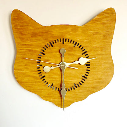 Cat Head Wooden Wall Clock – Minimalist Birch Plywood Clock, Oak-Stained Cat Shape Wall Decor, Cute Cat Wall Clock for Living Room, Bedroom or Office, Handmade Gift for Cat Lovers (14.5x13.4 in)
