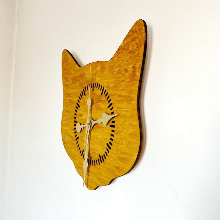 Cat Head Wooden Wall Clock – Minimalist Birch Plywood Clock, Oak-Stained Cat Shape Wall Decor, Cute Cat Wall Clock for Living Room, Bedroom or Office, Handmade Gift for Cat Lovers (14.5x13.4 in)