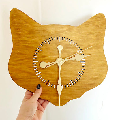 Cat Head Wooden Wall Clock – Minimalist Birch Plywood Clock, Oak-Stained Cat Shape Wall Decor, Cute Cat Wall Clock for Living Room, Bedroom or Office, Handmade Gift for Cat Lovers (14.5x13.4 in)