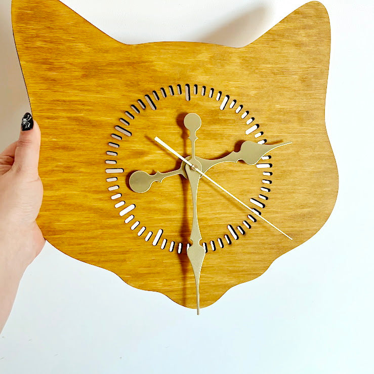 Cat Head Wooden Wall Clock – Minimalist Birch Plywood Clock, Oak-Stained Cat Shape Wall Decor, Cute Cat Wall Clock for Living Room, Bedroom or Office, Handmade Gift for Cat Lovers (14.5x13.4 in)