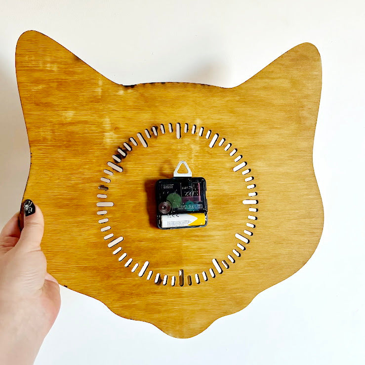 Cat Head Wooden Wall Clock – Minimalist Birch Plywood Clock, Oak-Stained Cat Shape Wall Decor, Cute Cat Wall Clock for Living Room, Bedroom or Office, Handmade Gift for Cat Lovers (14.5x13.4 in)