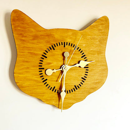 Cat Head Wooden Wall Clock – Minimalist Birch Plywood Clock, Oak-Stained Cat Shape Wall Decor, Cute Cat Wall Clock for Living Room, Bedroom or Office, Handmade Gift for Cat Lovers (14.5x13.4 in)