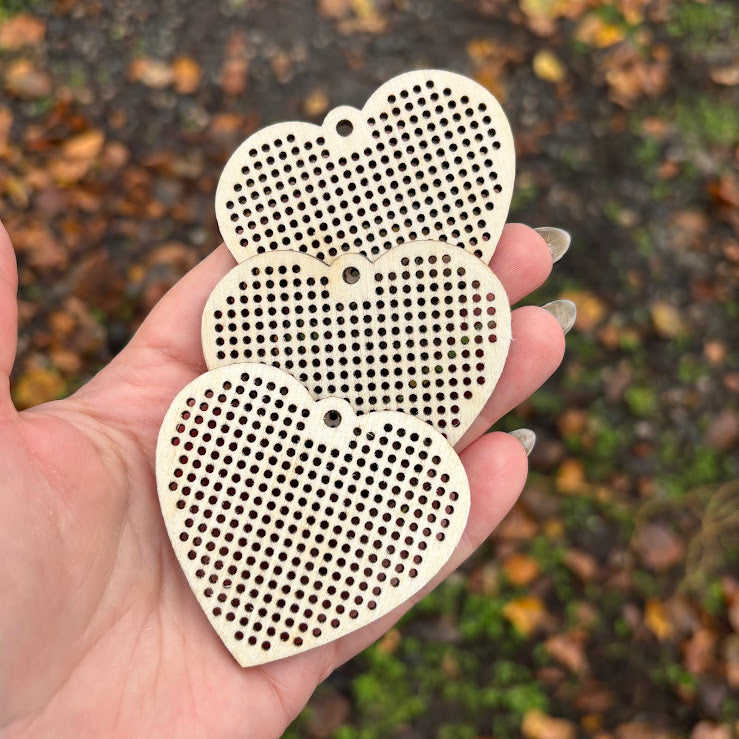 Heart Cross Stitch Wooden Blank – Laser Cut Birch Plywood Pendant for Embroidery, Necklace or Earring Making, DIY Craft Supply, Choose 1 3 5 10 pcs