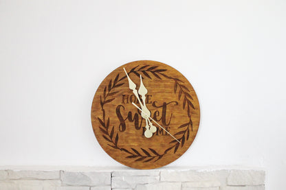 Wooden clock "Home Sweet Home" - walnut color - 320 mm - 12.6 inches - handmade clock - Silent clock mechanism