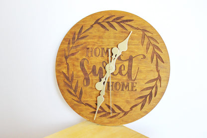 Wooden clock "Home Sweet Home" - walnut color - 320 mm - 12.6 inches - handmade clock - Silent clock mechanism