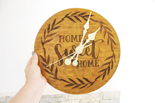 Wooden clock "Home Sweet Home" - walnut color - 320 mm - 12.6 inches - handmade clock - Silent clock mechanism