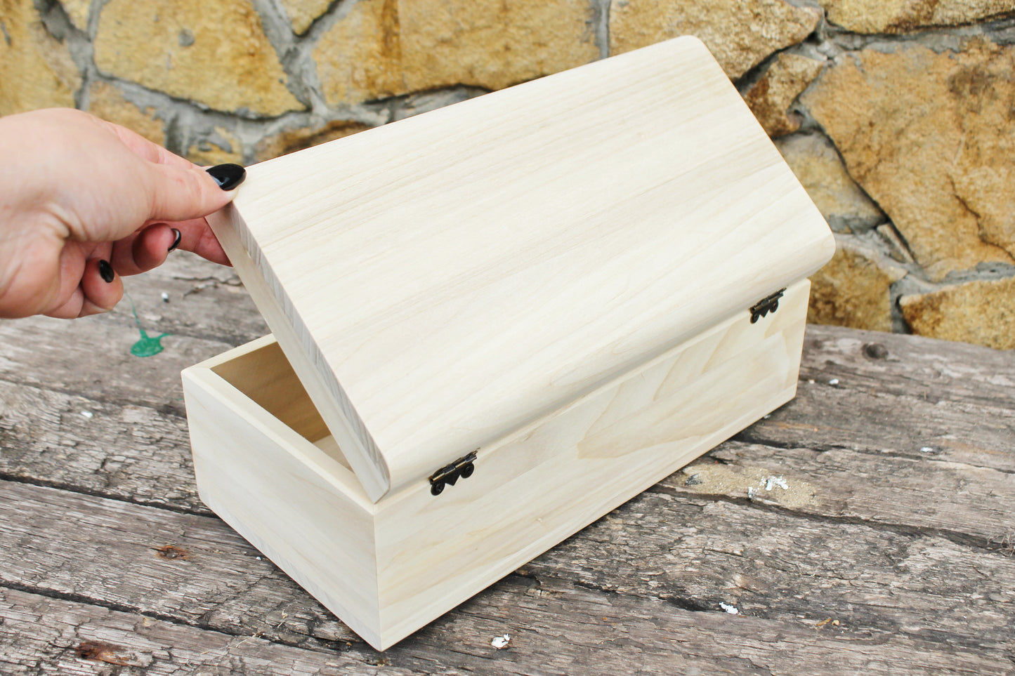 Big wooden box - rounded lid - rectangular unfinished wooden box - 300 mm - 11.8 inch - with lid on hinges - poplar wood