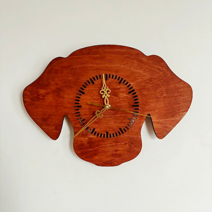 Dog Silhouette Wall Clock – Handmade Birch Plywood Decor, Mahogany Stain, Laser-Cut Gift for Pet Lovers