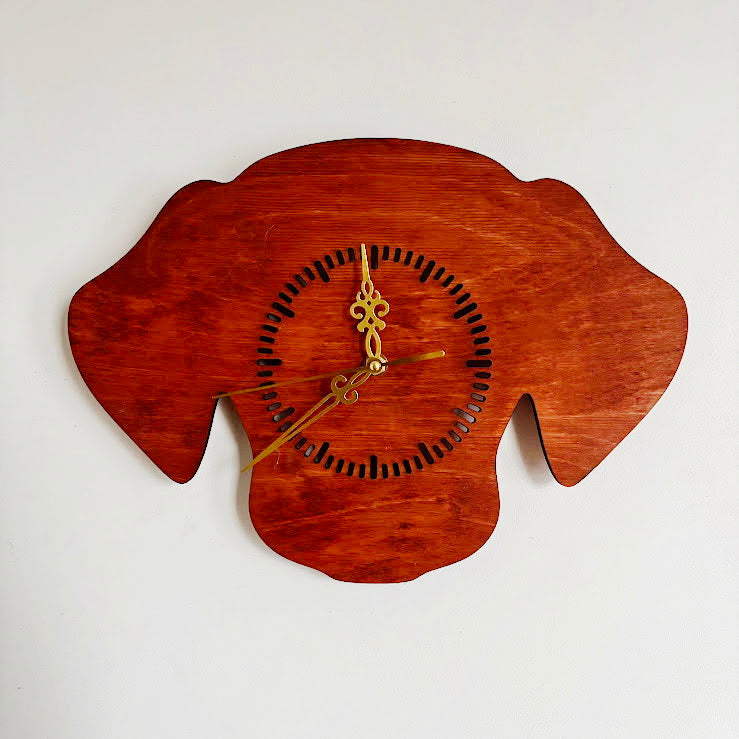 Dog Silhouette Wall Clock – Handmade Birch Plywood Decor, Mahogany Stain, Laser-Cut Gift for Pet Lovers