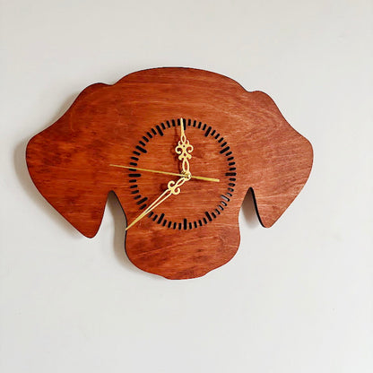 Dog Silhouette Wall Clock – Handmade Birch Plywood Decor, Mahogany Stain, Laser-Cut Gift for Pet Lovers