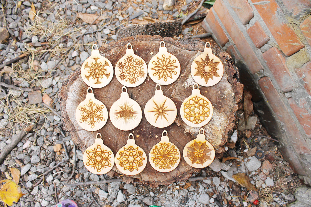 Christmas tree balls - 3.5 inches - 12 variants - cut of high quality plywood - Christmas snowflake ornament, New Year decor - 001