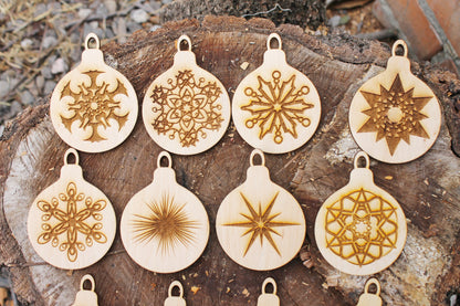 Christmas tree balls - 3.5 inches - 12 variants - cut of high quality plywood - Christmas snowflake ornament, New Year decor - 001