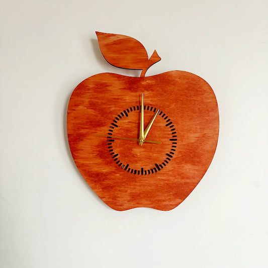Apple Shaped Wall Clock, Birch Plywood Laser Cut Clock, Silent Quartz Kitchen or Dining Decor