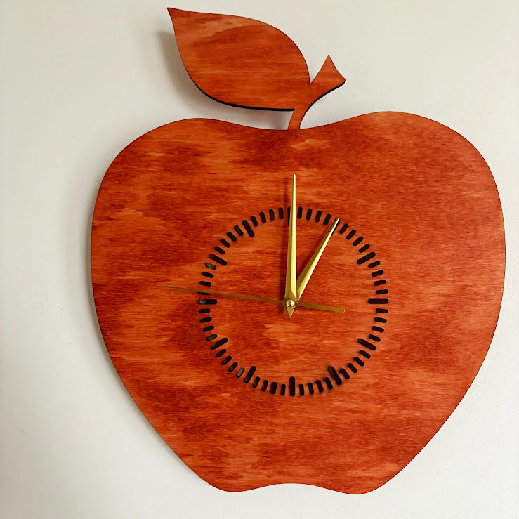 Apple Shaped Wall Clock, Birch Plywood Laser Cut Clock, Silent Quartz Kitchen or Dining Decor