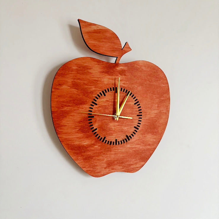 Apple Shaped Wall Clock, Birch Plywood Laser Cut Clock, Silent Quartz Kitchen or Dining Decor