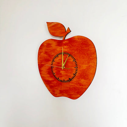 Apple Shaped Wall Clock, Birch Plywood Laser Cut Clock, Silent Quartz Kitchen or Dining Decor