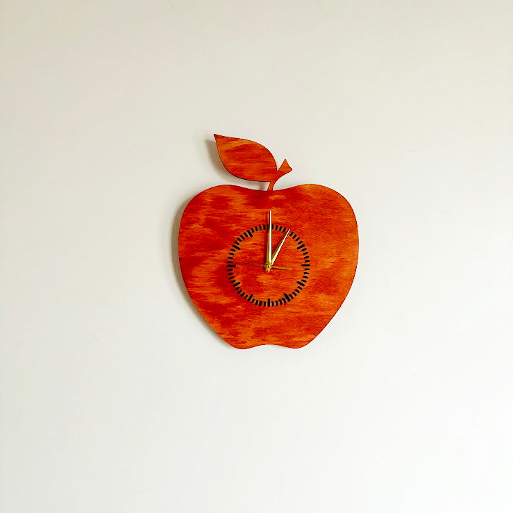 Apple Shaped Wall Clock, Birch Plywood Laser Cut Clock, Silent Quartz Kitchen or Dining Decor