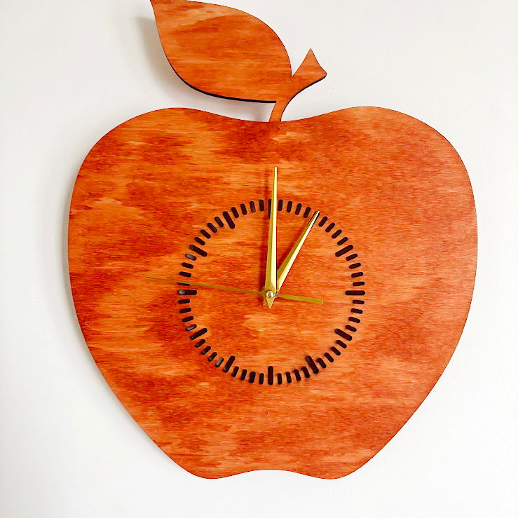 Apple Shaped Wall Clock, Birch Plywood Laser Cut Clock, Silent Quartz Kitchen or Dining Decor