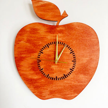 Apple Shaped Wall Clock, Birch Plywood Laser Cut Clock, Silent Quartz Kitchen or Dining Decor