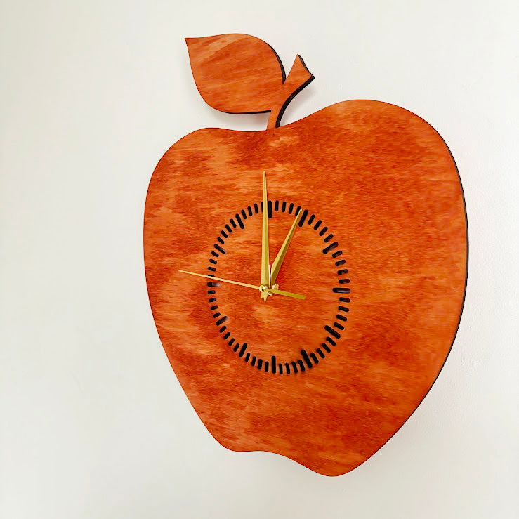 Apple Shaped Wall Clock, Birch Plywood Laser Cut Clock, Silent Quartz Kitchen or Dining Decor