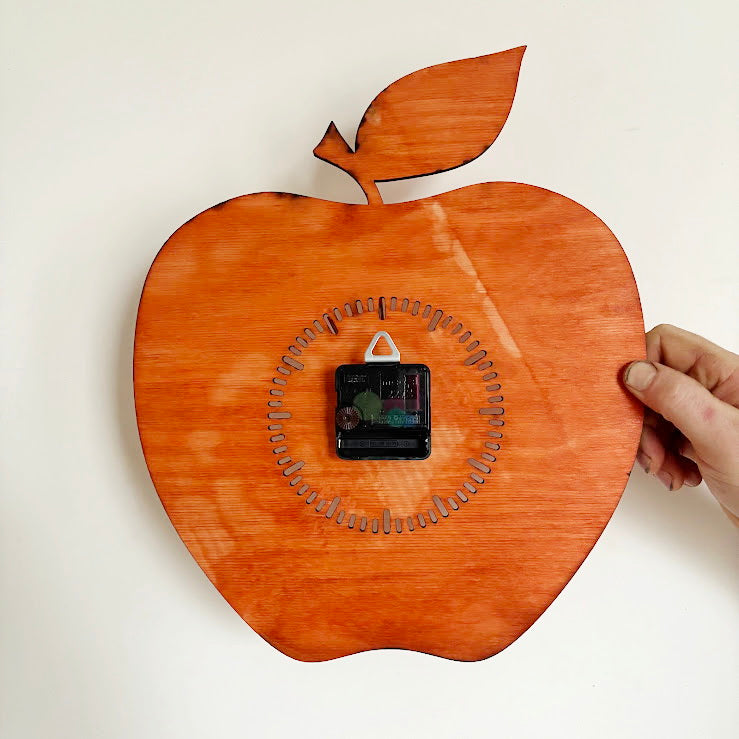 Apple Shaped Wall Clock, Birch Plywood Laser Cut Clock, Silent Quartz Kitchen or Dining Decor