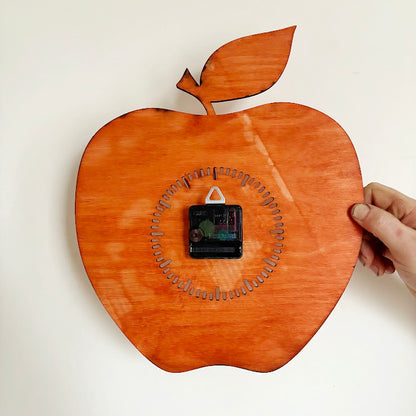 Apple Shaped Wall Clock, Birch Plywood Laser Cut Clock, Silent Quartz Kitchen or Dining Decor
