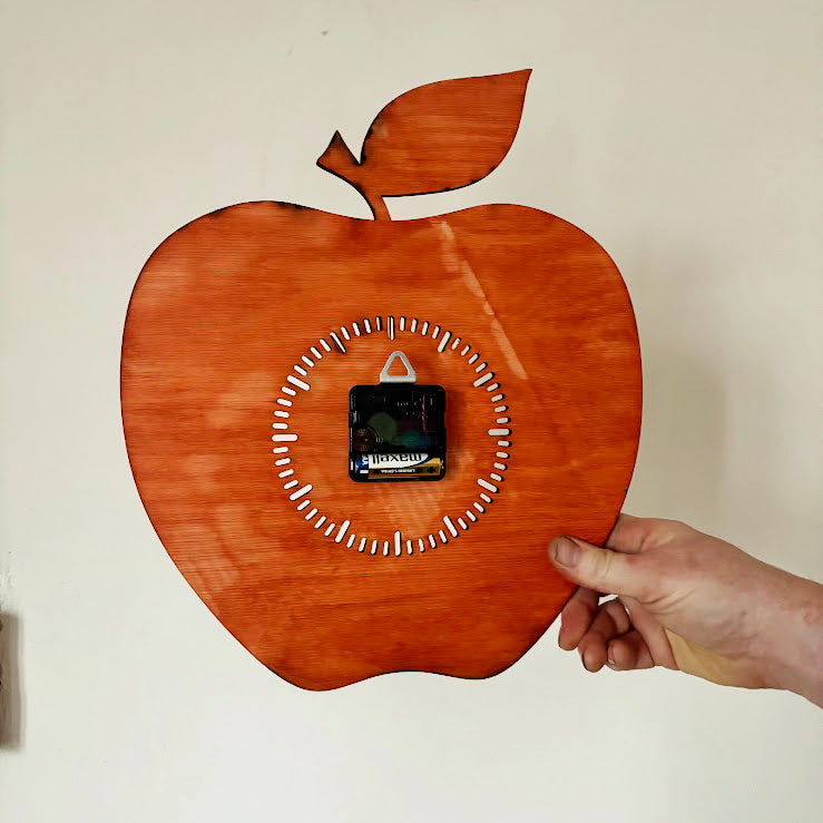 Apple Shaped Wall Clock, Birch Plywood Laser Cut Clock, Silent Quartz Kitchen or Dining Decor