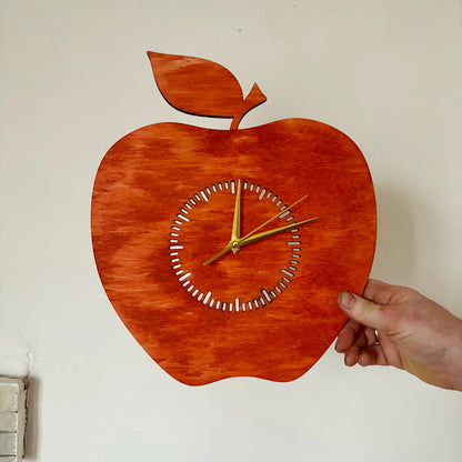 Apple Shaped Wall Clock, Birch Plywood Laser Cut Clock, Silent Quartz Kitchen or Dining Decor