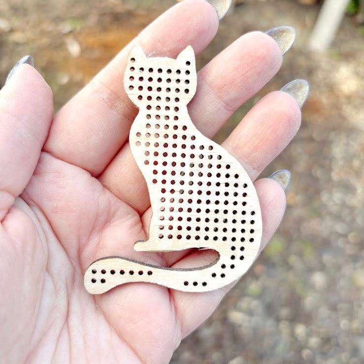 Cat Wooden Embroidery Blank 70 mm - Perforated Cross Stitch Shape - Birch Plywood Craft Base