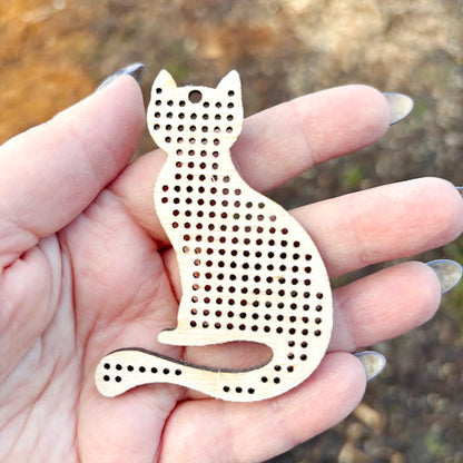 Cat Wooden Embroidery Blank 70 mm - Perforated Cross Stitch Shape - Birch Plywood Craft Base