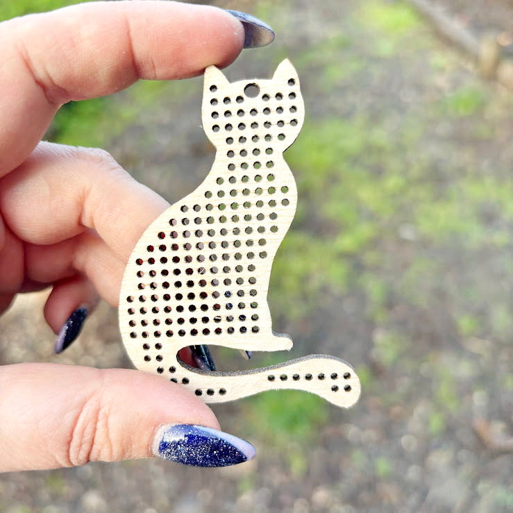 Cat Wooden Embroidery Blank 70 mm - Perforated Cross Stitch Shape - Birch Plywood Craft Base