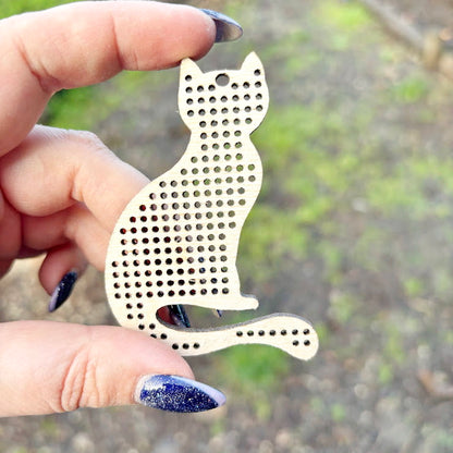 Cat Wooden Embroidery Blank 70 mm - Perforated Cross Stitch Shape - Birch Plywood Craft Base