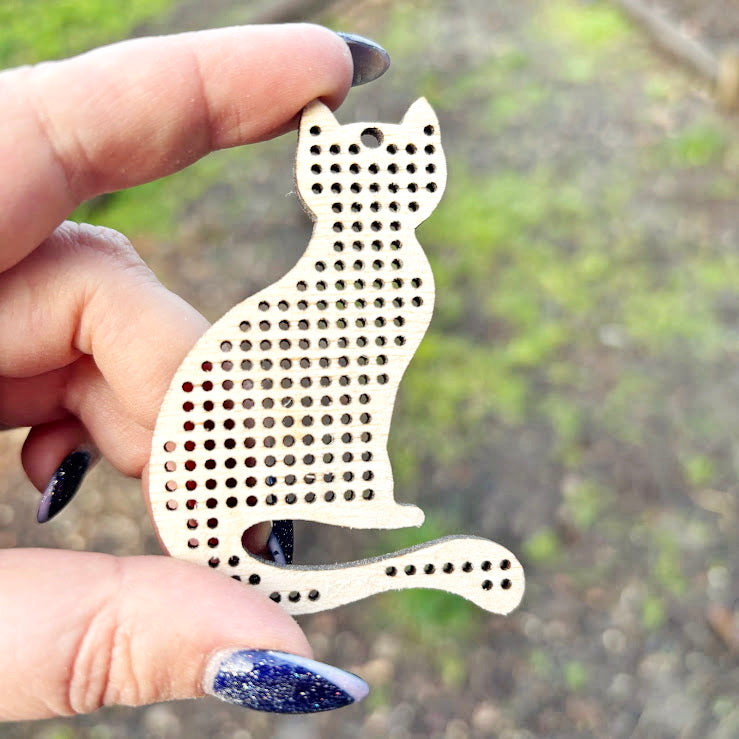 Cat Wooden Embroidery Blank 70 mm - Perforated Cross Stitch Shape - Birch Plywood Craft Base