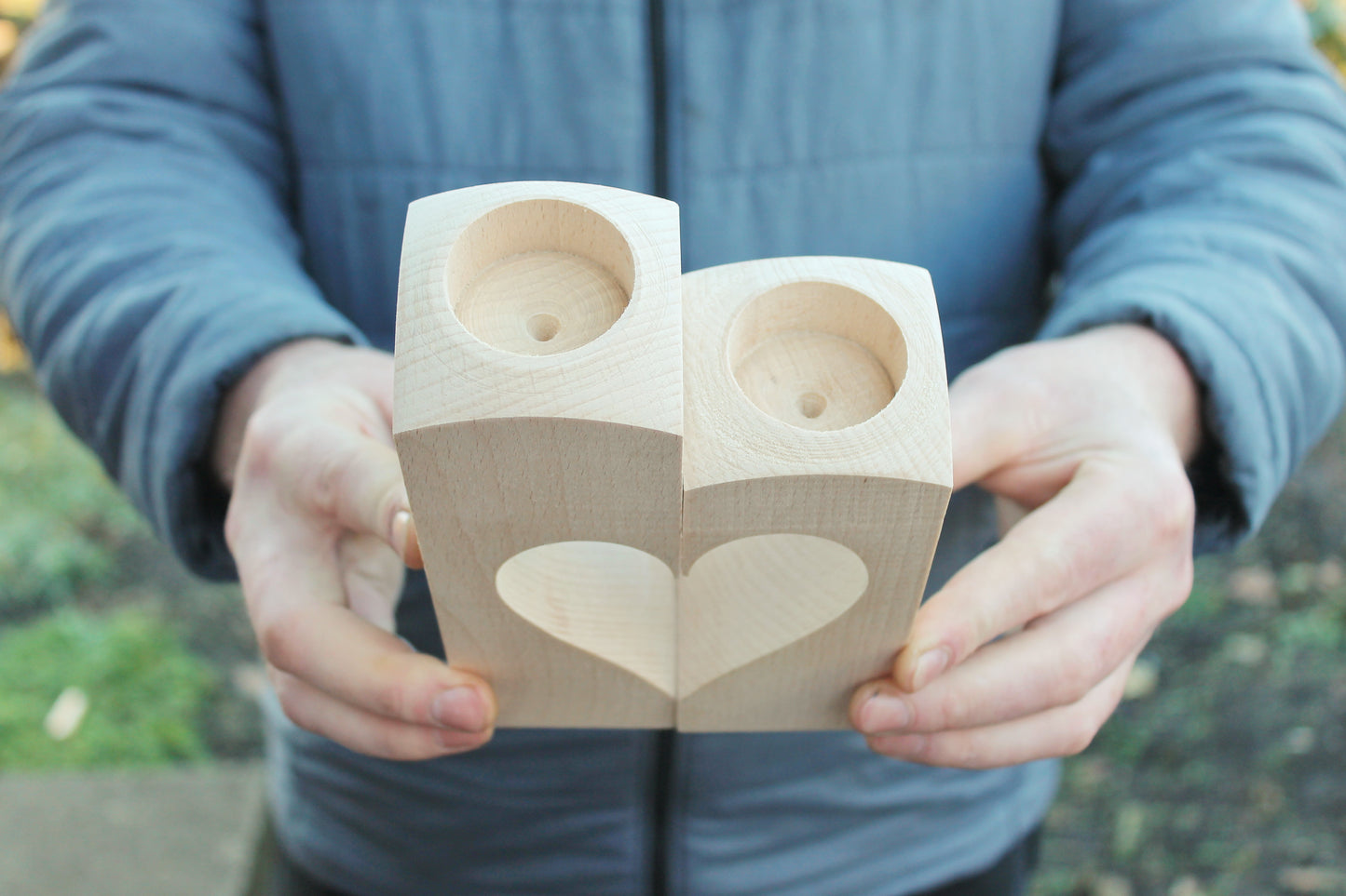 Wooden Candle holder - Heart - unfinished wooden candle holders - for tea light candles - made of beech wood