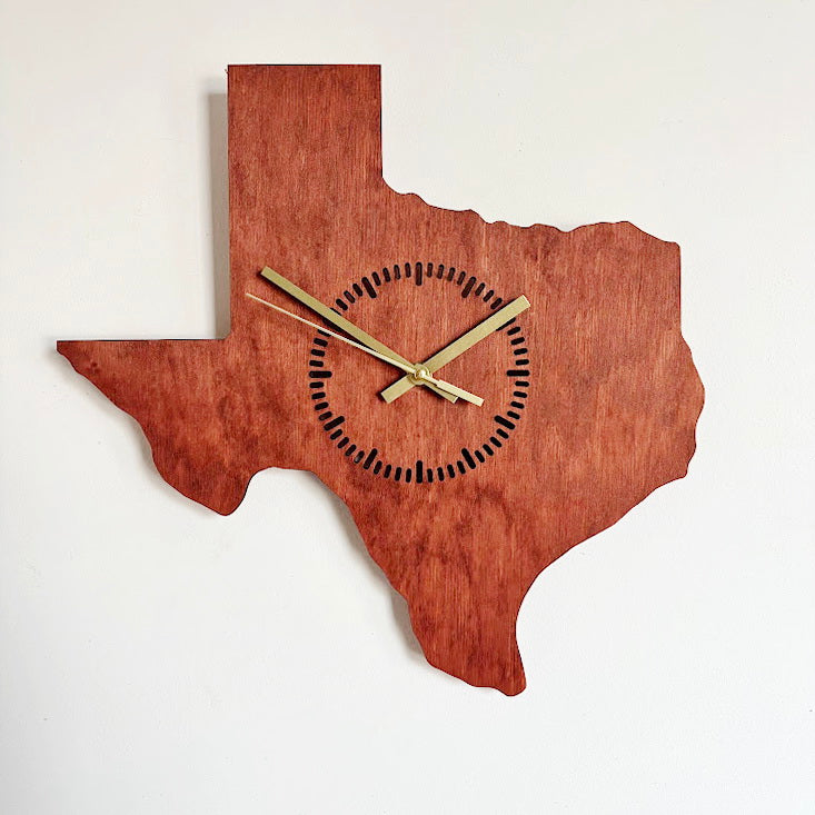 Wooden modern clock - Texas - state - red wood color - 350 mm - 13.8 inches - handmade clock - Silent clock mechanism