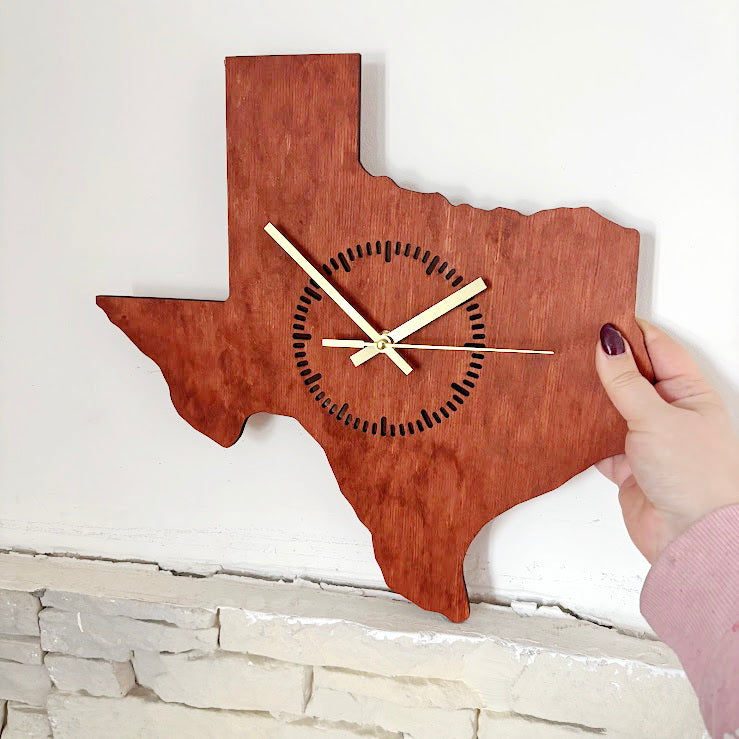 Wooden modern clock - Texas - state - red wood color - 350 mm - 13.8 inches - handmade clock - Silent clock mechanism